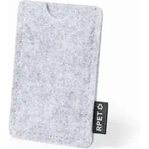 A grey felt card holder with a small tag featuring a logo. It has a minimalist and sleek design.