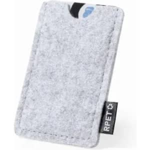 A grey felt card holder with a small logo on the side.