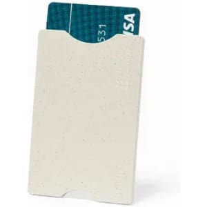 A card holder in white with a textured finish, holding a blue credit card partially visible. It features a logo.