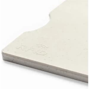 A grey RFID blocking card with a smooth finish and rounded edges, featuring a subtle logo.