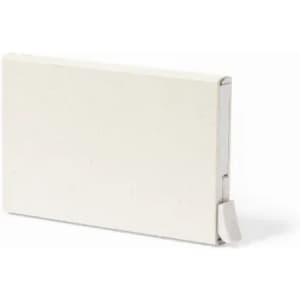 A white promotional product with a minimalist design and a small pull-tab. It features a logo.
