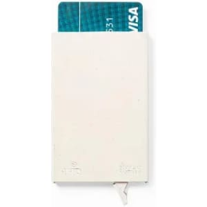 A card holder in white, featuring a slim design for storing credit cards. It has a logo on the front.
