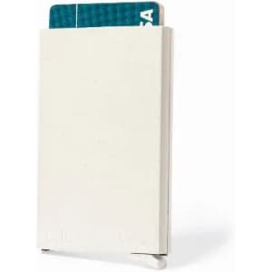 A minimalist cardholder in white with a card partially visible. It features a simple, modern design.