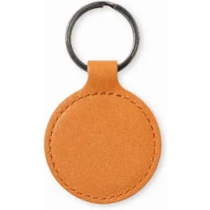 A circular keyring in orange faux leather with a metal ring for attachment.