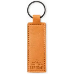 A keyring made of tan recycled leather, featuring a leather tag with an attached metal keyring.