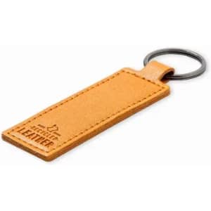 A leather keyring in a warm tan colour with a metal ring for attachment. It has a simple, unembellished design.
