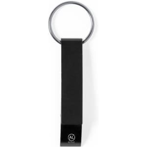 A black keyring with a sleek design and a circular attachment. It features a logo on one side.