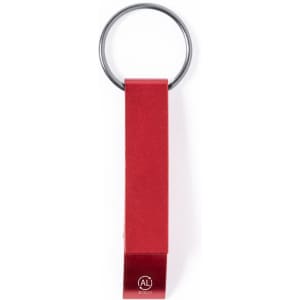 A keyring in vibrant red with a metal ring and a smooth, glossy finish. It features a brand logo.