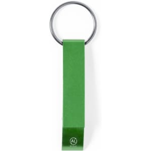 A green keyring with a dark metal ring attached, featuring a smooth, shiny finish.