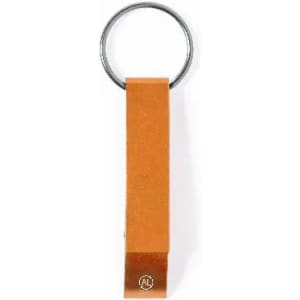 A keychain featuring an orange strap with a metal ring, including a small logo at the base.
