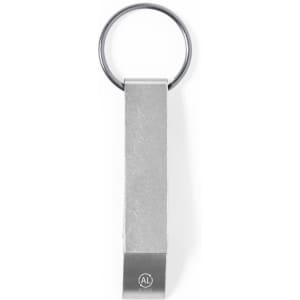 A keychain in a sleek silver finish, featuring a rectangular shape and an attached metal ring.