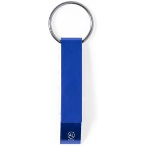 A keychain in blue metal with a silver ring, featuring a simple, sleek design and a logo on the body.
