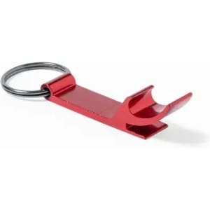 A red bottle opener keychain with a split ring for attachment. It has a sleek, minimal design.