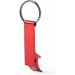 A red metal keychain tool with a curved edge and a ring for attachment. It features a sleek, minimalist design.