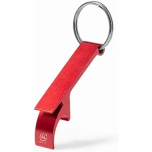 A red bottle opener keychain with a ring for attachment. It has a sleek, minimal design.