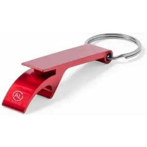 A red metal bottle opener keychain with a keyring attachment. The opener has a sleek, minimalist design.