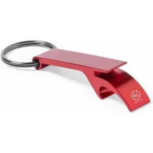 A drink bottle opener keychain in shiny red metal with a keyring attachment and a logo.