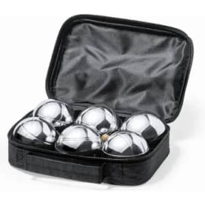A bag containing six shiny metallic balls, stored securely in a compact black case.