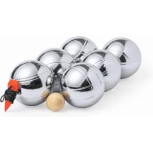 A set of six shiny metallic boliche balls, featuring a wooden handle and a red marking on one ball.