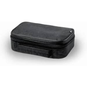 A black zippered storage case featuring a textured surface and a handle on the side.