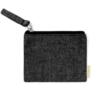 A zippered pouch in black denim fabric, featuring a wrist strap and a small logo.
