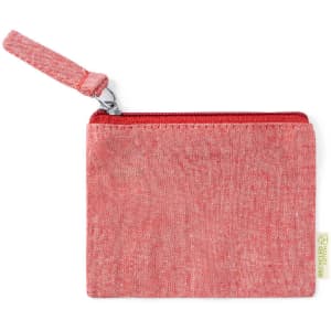 A zippered pouch in a red fabric, featuring a wrist strap and a small logo tag.