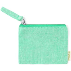 A green pouch with a zip closure and a wrist strap, made from recycled material.