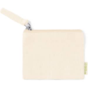 A beige zippered pouch with a wrist strap and a small branding tag. The fabric appears sturdy and eco-friendly.