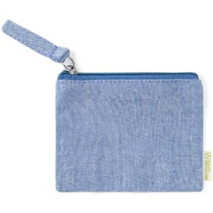 A zippered pouch in light blue fabric with a wrist strap. It features a branding tag.