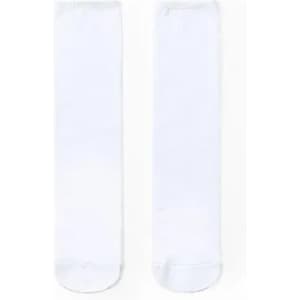 A pair of white socks with a logo, featuring a smooth texture and standard length.