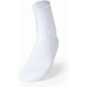 A white sock with a ribbed cuff, displayed upright against a plain background.