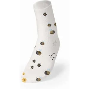 A cosy white sock with black and yellow bee designs, complemented by small flower patterns in various colours.