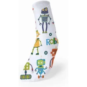 A sock featuring a playful robot pattern in vibrant colours on a white background, with various robot designs.