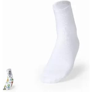 A pair of white socks, one sock upright, featuring a colourful robot design on the other.