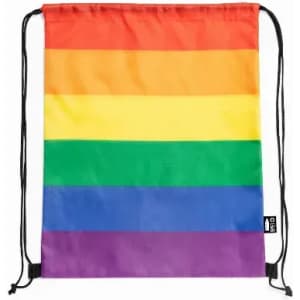 A drawstring bag featuring rainbow stripes in red, orange, yellow, green, blue, and purple. It has a logo on the side.
