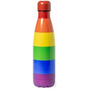 A drink bottle featuring a rainbow-striped design in vibrant red, orange, yellow, green, blue, and purple. It has a logo.