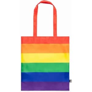 A rainbow tote bag featuring horizontal stripes in red, orange, yellow, green, blue, and purple, with two red handles.