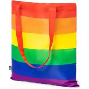A tote bag featuring vibrant rainbow stripes in red, orange, yellow, green, blue, and purple. It has two handles.
