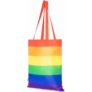 A tote bag featuring vibrant horizontal stripes in rainbow colours, with red straps for carrying.