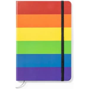 A notebook with a rainbow stripe design featuring vibrant colours, and a black elastic band closure.