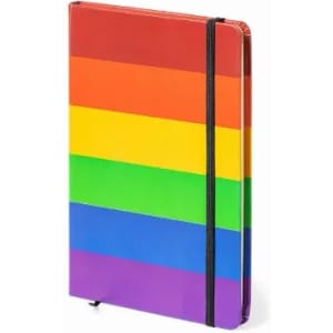 A notebook featuring a vibrant rainbow striped cover with red, orange, yellow, green, blue, and purple colours.