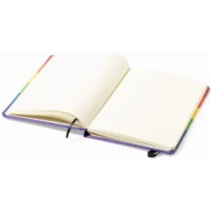 An open notebook with blank pages, featuring a rainbow-coloured spine and a black ribbon bookmark.
