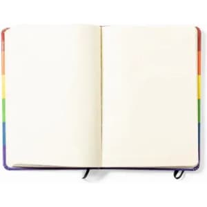 A blank notebook featuring a rainbow-coloured spine and ribbon bookmarks. The pages are unlined and empty.