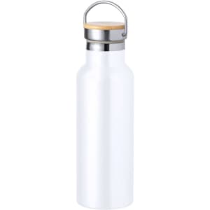 A drink bottle in white with a silver metal top and wooden accent, featuring a handle for easy carrying.