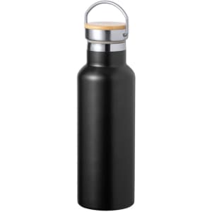 A drink bottle in matte black with a stainless steel cap and a wooden top. It features a carry handle and branding.