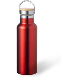 A drink bottle in a sleek red finish with a silver lid and wooden accent on top. Features a logo.