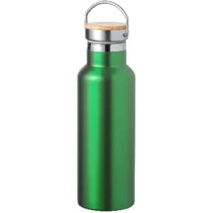 A drink bottle made of green metal with a wooden lid and a silver handle. It features a logo on the body.