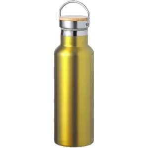 A drink bottle in a shiny metallic gold finish with a bamboo lid and metal handle, featuring a logo.