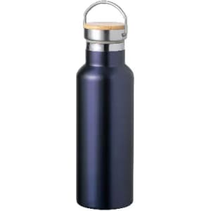 A drink bottle in a dark navy colour with a stainless steel cap and a bamboo accent. It features a logo on the side.