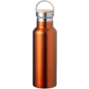 A drink bottle in a shiny copper finish with a wooden lid and a metal handle. It features branding on the body.